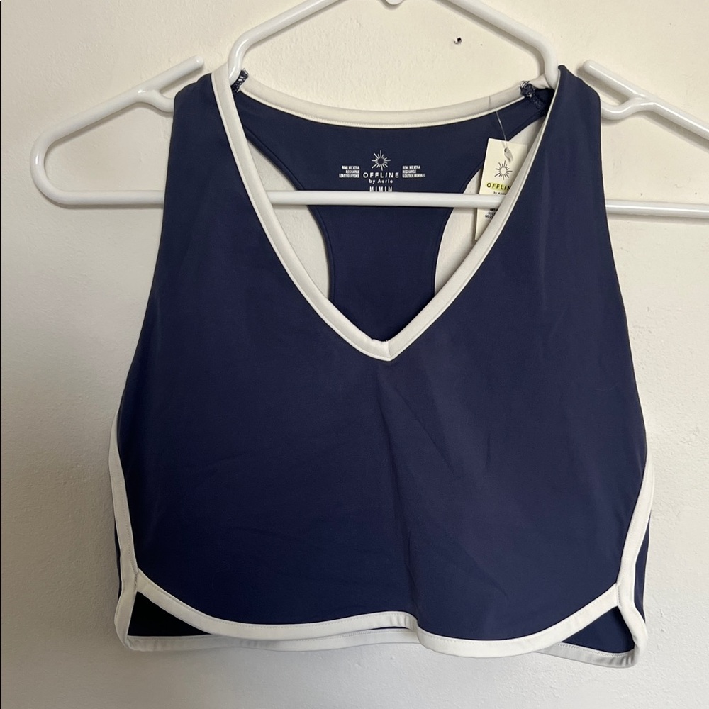 Aerie Blue Longline Sports Bra with White Trim